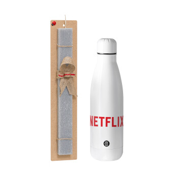 Netflix, Easter Set, metallic stainless thermos bottle (500ml) & scented flat Easter candle (30cm) (GRAY)