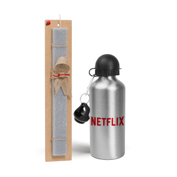 Netflix, Πασχαλινό Σετ, παγούρι μεταλλικό Ασημένιο αλουμινίου (500ml) & πασχαλινή λαμπάδα αρωματική πλακέ (30cm) (ΓΚΡΙ)