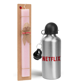 Netflix, Πασχαλινό Σετ, παγούρι μεταλλικό Ασημένιο αλουμινίου (500ml) & πασχαλινή λαμπάδα αρωματική πλακέ (30cm) (ΡΟΖ)