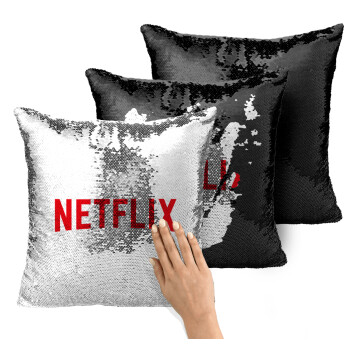 Netflix, Μαξιλάρι καναπέ Μαγικό Μαύρο με πούλιες 40x40cm περιέχεται το γέμισμα