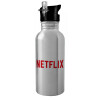 Water bottle Silver with straw, stainless steel 600ml