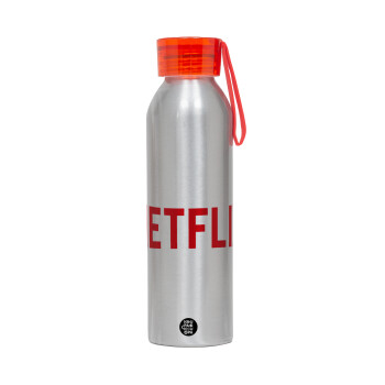 Netflix, Aluminum Sports Bottle 650ml – Silver with Red Cap and Silicone Strap