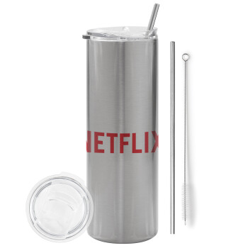 Netflix, Eco friendly ποτήρι θερμό Ασημένιο (tumbler) από ανοξείδωτο ατσάλι 600ml, με μεταλλικό καλαμάκι & βούρτσα καθαρισμού