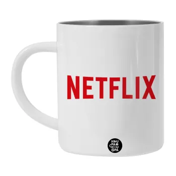 Netflix, Λευκή Ανοξείδωτη Μεταλλική Κούπα 450ml - Διπλού Τοιχώματος 