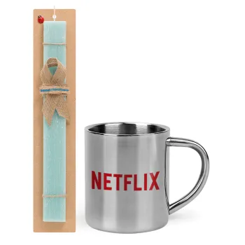 Netflix, Easter Set, metallic thermal cup (300ml) & aromatic flat Easter candle (30cm) (TURQUOISE)