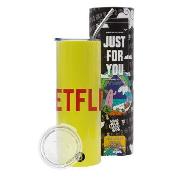 Netflix, Neon Yellow Travel Tumbler θερμό, μεταλλικό καλαμάκι(Ανωξείδωτο 304 Food grade, BPA free, 600ml)