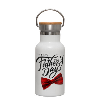 Happy father's Days, Μεταλλικό παγούρι θερμός (Stainless steel) Λευκό με ξύλινο καπακι (bamboo), διπλού τοιχώματος, 350ml