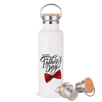 Happy father's Days, Stainless steel White with wooden lid (bamboo), double wall, 750ml