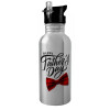 Water bottle Silver with straw, stainless steel 600ml