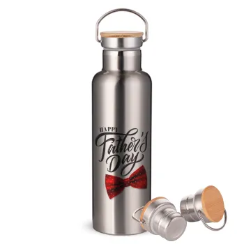 Happy father's Days, Μεταλλικό παγούρι θερμός (Stainless steel) Ασημένιο με ξύλινο καπακι (bamboo), διπλού τοιχώματος, 750ml