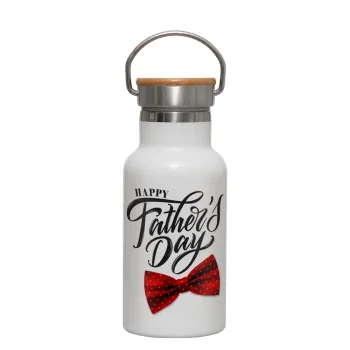 Happy father's Days, Metallic thermos (Stainless steel) White with wooden lid (bamboo), double-walled, 350ml