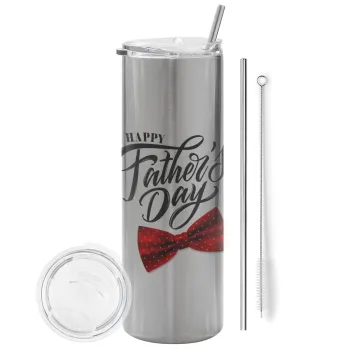 Happy father's Days, Tumbler ποτήρι θερμό Ασημένιο από ανοξείδωτο ατσάλι 600ml, με μεταλλικό καλαμάκι & βούρτσα καθαρισμού