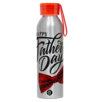 Happy father's Days, Αλουμινένιο Αθλητικό Μπουκάλι 650ml – Ασημί με Κόκκινο Καπάκι και Λουράκι Σιλικόνης