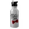 Water bottle Silver with straw, stainless steel 600ml