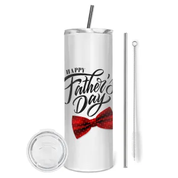 Happy father's Days, Tumbler ποτήρι θερμό από ανοξείδωτο ατσάλι 600ml, με μεταλλικό καλαμάκι & βούρτσα καθαρισμού