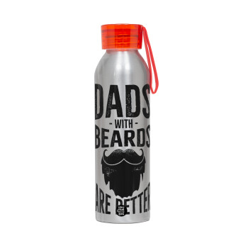 Dad's with beards are better, Αλουμινένιο Αθλητικό Μπουκάλι 650ml – Ασημί με Κόκκινο Καπάκι και Λουράκι Σιλικόνης