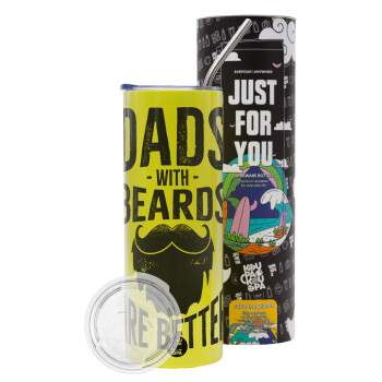 Dad's with beards are better, Neon Yellow Travel Tumbler, with metal straw (Stainless steel 304 Food grade, BPA free, 600ml)