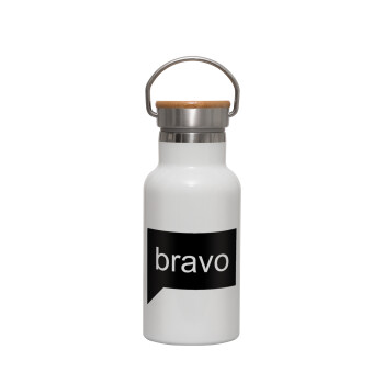Bravo, Μεταλλικό παγούρι θερμός (Stainless steel) Λευκό με ξύλινο καπακι (bamboo), διπλού τοιχώματος, 350ml