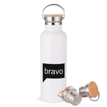 Bravo, Μεταλλικό παγούρι θερμός (Stainless steel) Λευκό με ξύλινο καπακι (bamboo), διπλού τοιχώματος, 750ml
