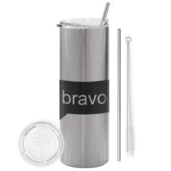 Bravo, Eco friendly ποτήρι θερμό Ασημένιο (tumbler) από ανοξείδωτο ατσάλι 600ml, με μεταλλικό καλαμάκι & βούρτσα καθαρισμού