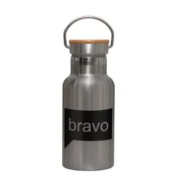 Bravo, Stainless steel metallic thermos flask, silver with a bamboo lid, double-walled, 350ml.