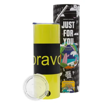 Bravo, Neon Yellow Travel Tumbler θερμό, μεταλλικό καλαμάκι(Ανωξείδωτο 304 Food grade, BPA free, 600ml)