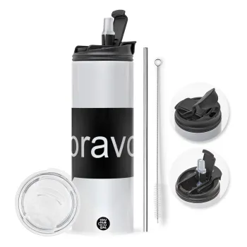Bravo, Travel Tumbler θερμό με διπλό καπάκι, μεταλλικό καλαμάκι και βούρτσα καθαρισμού (Ανωξείδωτο 304 Food grade, BPA free, 600ml)
