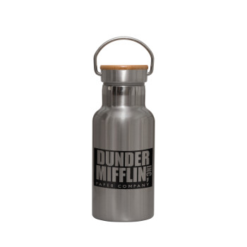 Dunder Mifflin, Inc Paper Company, Stainless steel metallic thermos flask, silver with a bamboo lid, double-walled, 350ml.