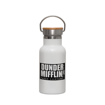 Dunder Mifflin, Inc Paper Company, Μεταλλικό παγούρι θερμός (Stainless steel) Λευκό με ξύλινο καπακι (bamboo), διπλού τοιχώματος, 350ml