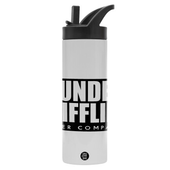 Dunder Mifflin, Inc Paper Company, Metallic thermos bottle with straw & handle, stainless steel (Stainless steel 304), double-walled, 600ml.
