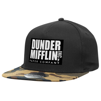 Dunder Mifflin, Inc Paper Company, Adult Flat Snapback Hat Black/Camouflage, (100% COTTON TWILL, ADULT, UNISEX, ONE SIZE)