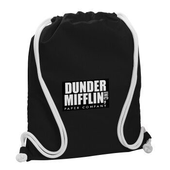 Dunder Mifflin, Inc Paper Company, Τσάντα πλάτης πουγκί GYMBAG Μαύρη, με τσέπη (40x48cm) & χονδρά λευκά κορδόνια