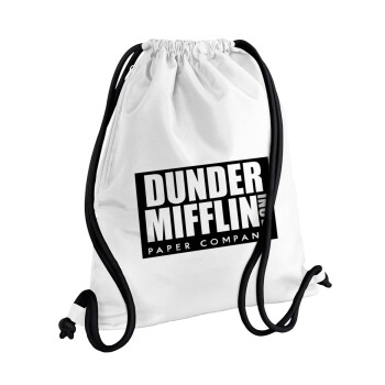 Dunder Mifflin, Inc Paper Company, Τσάντα πλάτης πουγκί GYMBAG λευκή, με τσέπη (40x48cm) & χονδρά κορδόνια