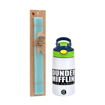 Dunder Mifflin, Inc Paper Company, Easter Set, Children's thermal stainless steel bottle with safety straw, green/blue (350ml) & aromatic flat Easter candle (30cm) (TURQUOISE)