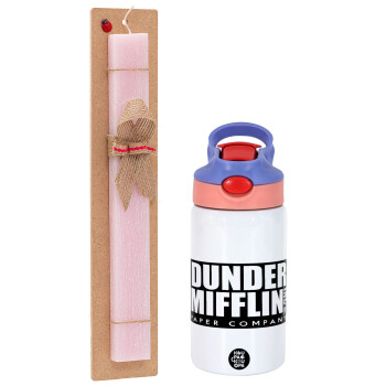 Dunder Mifflin, Inc Paper Company, Easter Set, Children's thermal stainless steel water bottle with safety straw, pink/purple (350ml) & Easter scented flat candle (30cm) (PINK)