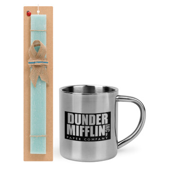 Dunder Mifflin, Inc Paper Company, Easter Set, metallic thermal cup (300ml) & aromatic flat Easter candle (30cm) (TURQUOISE)