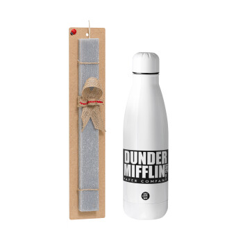 Dunder Mifflin, Inc Paper Company, Easter Set, metallic stainless thermos bottle (500ml) & scented flat Easter candle (30cm) (GRAY)