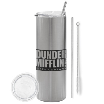 Dunder Mifflin, Inc Paper Company, Eco friendly ποτήρι θερμό Ασημένιο (tumbler) από ανοξείδωτο ατσάλι 600ml, με μεταλλικό καλαμάκι & βούρτσα καθαρισμού