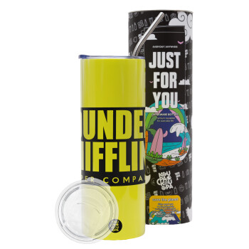 Dunder Mifflin, Inc Paper Company, Neon Yellow Travel Tumbler θερμό, μεταλλικό καλαμάκι(Ανωξείδωτο 304 Food grade, BPA free, 600ml)