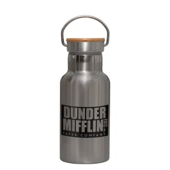 Dunder Mifflin, Inc Paper Company, Stainless steel metallic thermos flask, silver with a bamboo lid, double-walled, 350ml.