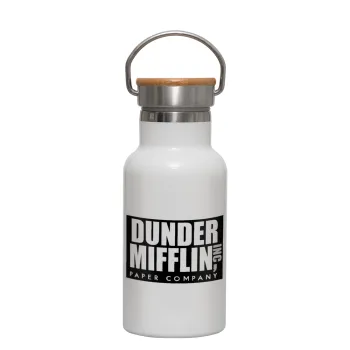 Dunder Mifflin, Inc Paper Company, Metallic thermos (Stainless steel) White with wooden lid (bamboo), double-walled, 350ml