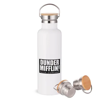 Dunder Mifflin, Inc Paper Company, Μεταλλικό παγούρι θερμός (Stainless steel) Λευκό με ξύλινο καπάκι (bamboo), διπλού τοιχώματος, 750ml