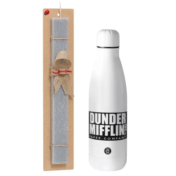 Dunder Mifflin, Inc Paper Company, Easter Set, metallic stainless thermos bottle (500ml) & scented flat Easter candle (30cm) (GRAY)