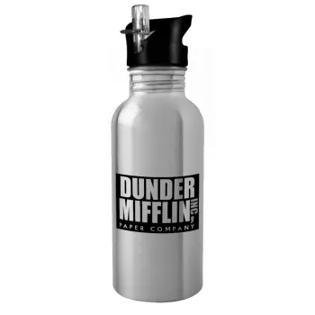 Dunder Mifflin, Inc Paper Company, Παγούρι νερού Ασημένιο με καλαμάκι, ανοξείδωτο ατσάλι 600ml