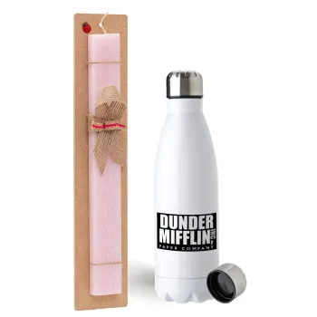 Dunder Mifflin, Inc Paper Company, Easter Set, metallic stainless steel water bottle (750ml) & scented flat Easter candle (30cm) (PINK)