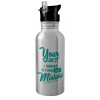Water bottle Silver with straw, stainless steel 600ml