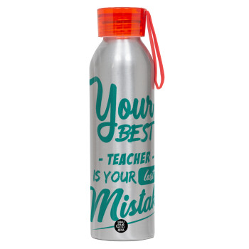 Your best teacher is your last mistake, Aluminum Sports Bottle 650ml – Silver with Red Cap and Silicone Strap