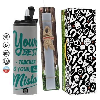 Your best teacher is your last mistake, Πασχαλινή Λαμπάδα με Travel Tumbler θερμό (600ml, BPA free) & κερί αρωματικό πλακέ (30cm) (ΓΚΡΙ)