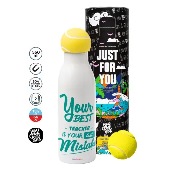 Your best teacher is your last mistake, Tennis ball Metal mug thermos White, double wall, 550ml