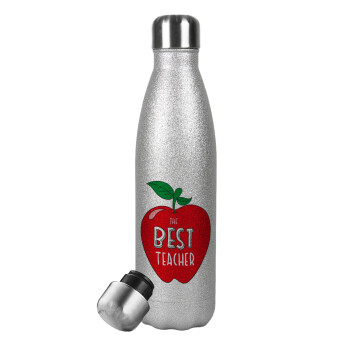 Best teacher, Metallic Glitter Silver Thermos Flask (Stainless steel), double-walled, 500ml